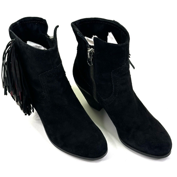 Sam Edelman Louie Black Suede Fringe Ankle Boots Womens 8.5M Side Zip Block Heel - Picture 1 of 13